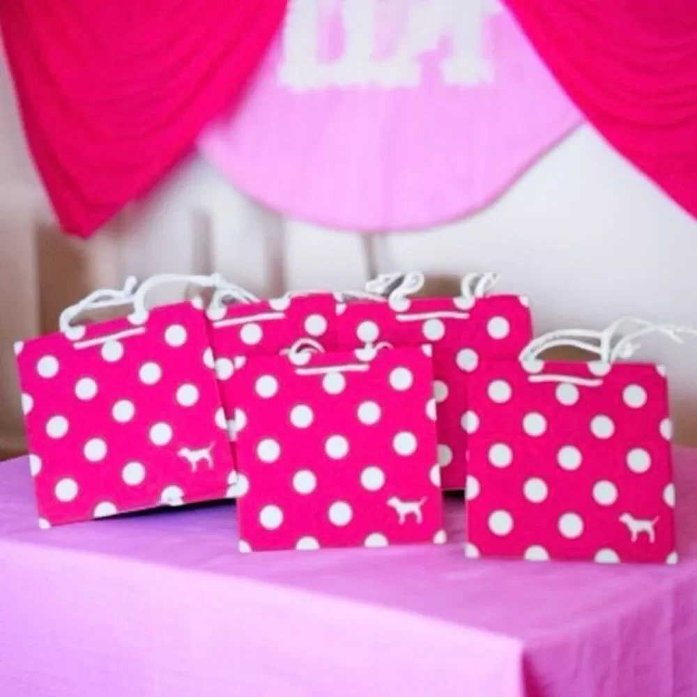 New 4 Victoria's Secret PINK Polka Dots 8”Hx8”Wx4.5”D Paper Gift Shopping Bags